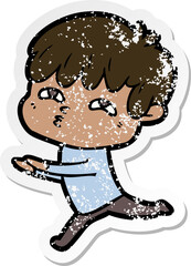 distressed sticker of a cartoon curious man