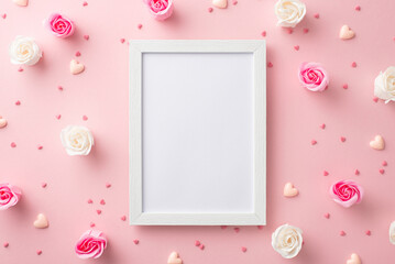 Mother's Day concept. Top view photo of photo frame white and pink rose buds small hearts and...