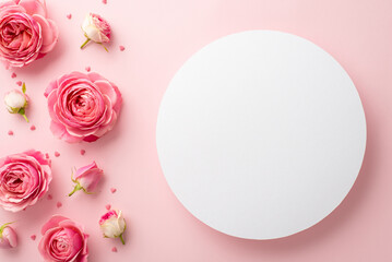 Saint Valentine's Day concept. Top view photo of white empty circle and spring flowers pink peony roses on isolated pastel pink background with empty space