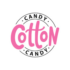 Cotton candy on stick. Text logo lettering for dessert for kids. Hand drawn vector illustration for your design. Print poster, flyers, stickers, tee, shirt. Pink color.