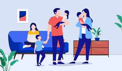 Family with many children indoors in living room. Parenting and raising kids concept, flat design vector illustration