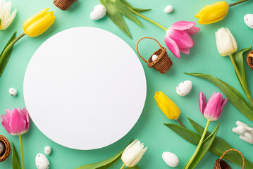Fototapeta na wymiar Easter mood concept. Top view photo of empty round frame tiny wicker baskets ceramic easter bunny quail eggs and colorful tulips on isolated teal background with copyspace
