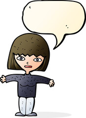 cartoon woman with open arms with speech bubble