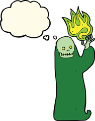 cartoon waving halloween ghoul with thought bubble