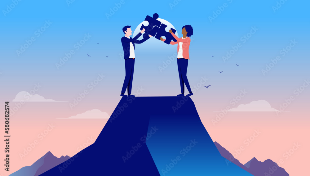 Poster problem solving - businessman and businesswoman on mountaintop connecting puzzle pieces together and