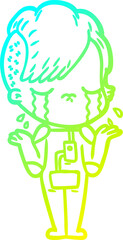 cold gradient line drawing cartoon crying girl wearing space clothes