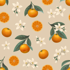 Hand painted illustration of orange tree branch. Seamless pattern design. Perfect for fabrics, wallpapers, clothes, home textile, posters, packaging design, stationery and other goods - 580682568