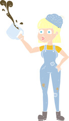 flat color illustration of a cartoon female worker with coffee mug