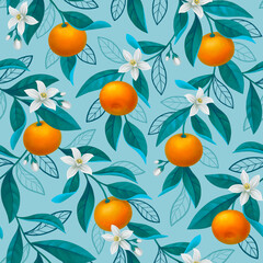 Hand painted illustration of orange tree branch. Seamless pattern design. Perfect for fabrics, wallpapers, clothes, home textile, posters, packaging design, stationery and other goods - 580682752