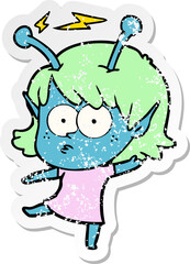 distressed sticker of a cartoon alien girl