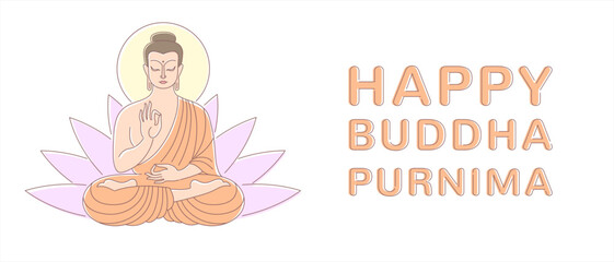 Happy Buddha Purnima, Birthday greeting card, horizontal poster. Simple line art, flat style. Sitting figure vector illustration, lotus flower background. Indian, esoteric illustration. 