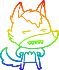 rainbow gradient line drawing cartoon wolf showing teeth