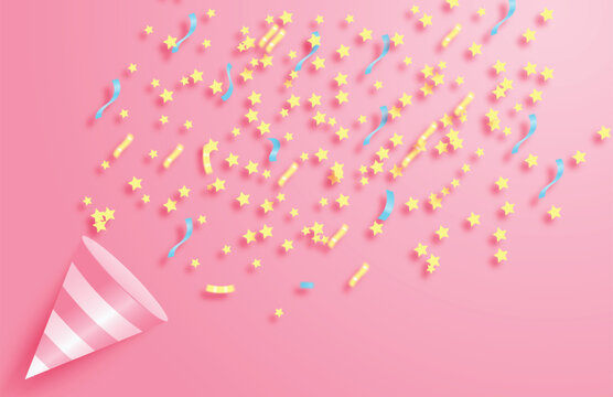 Party Popper Birthday Proper Pink Background With Stars