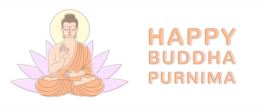 Happy Buddha Purnima, Birthday greeting card, horizontal poster. Simple line art, flat style. Sitting figure vector illustration, lotus flower background. Indian, esoteric illustration. 