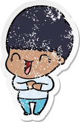 distressed sticker of a happy cartoon boy