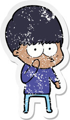 distressed sticker of a curious cartoon boy