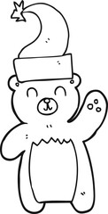 black and white cartoon teddy bear waving