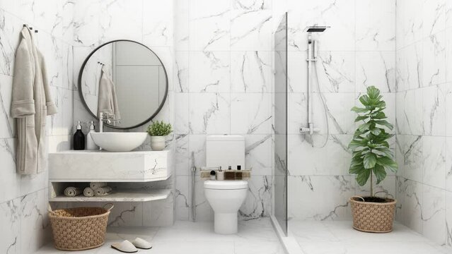 Build a model bathroom for material selection in interior design In deciding to choose tiles, wood, marble, with a variety of materials that gradually change. 3d rendering animation looping