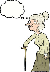 cartoon old woman with thought bubble