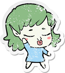 distressed sticker of a pretty cartoon elf girl