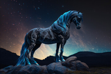 Animal Silhouette - Fantasy black mystical unicorn horse, on edge of the Surreal Night Landscape. Generative AI.
