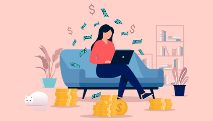 Woman making money online from home sitting in couch with laptop and working. Flat design vector illustration - obrazy, fototapety, plakaty