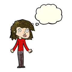 cartoon girl shrugging shoulders with thought bubble