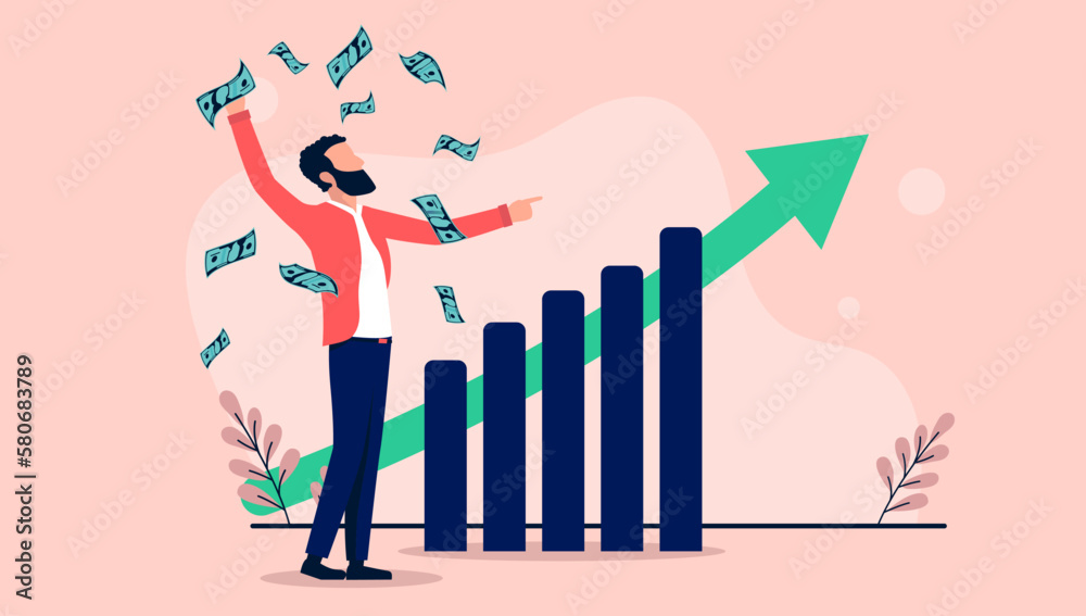 Aufkleber person getting rich - man making lots of money in front of green arrow pointing up towards financial