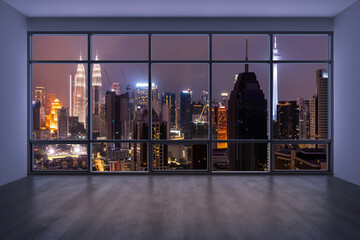 Empty room Interior Skyscrapers View Malaysia. Downtown Kuala Lumpur City Skyline Buildings from High Rise Window. Beautiful Expensive Real Estate overlooking. Night time. 3d rendering.