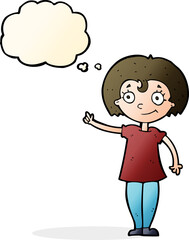 cartoon happy woman pointing with thought bubble