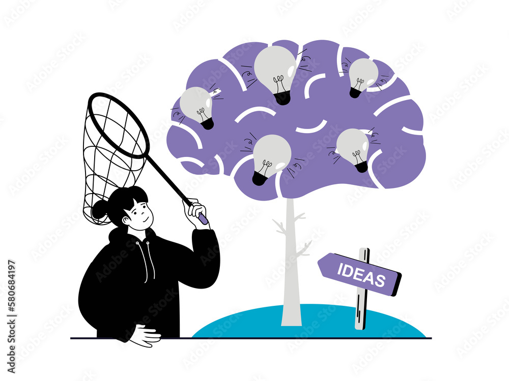 Poster Startup concept with character situation. Woman catching new ideas for business development, brainstorms and finds career opportunities. Illustrations with people scene in flat design for web