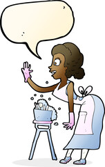 cartoon housewife washing up with speech bubble