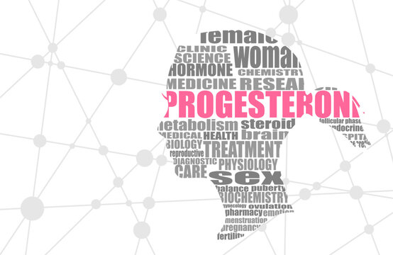 Illustration of a woman head textured by words. Progesterone relative tags or keywords cloud
