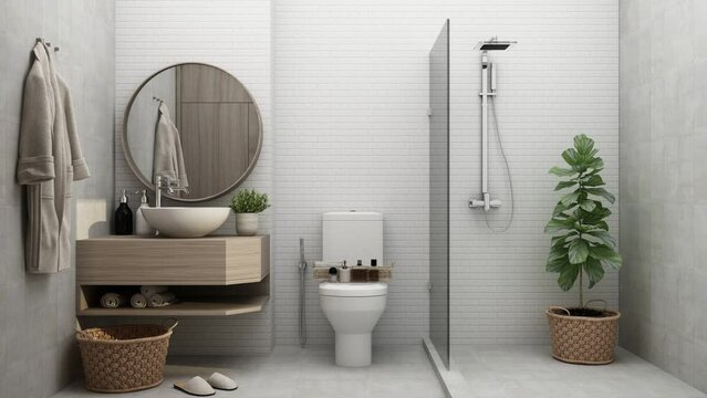 Build a model bathroom for material selection in interior design In deciding to choose tiles, wood, marble, with a variety of materials that gradually change. 3d rendering animation looping