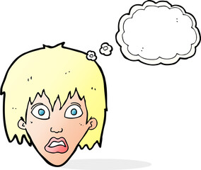 cartoon frightened woman with thought bubble