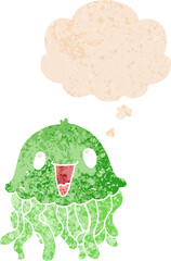 cartoon jellyfish and thought bubble in retro textured style