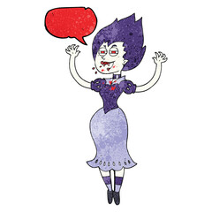 speech bubble textured cartoon vampire girl with bloody mouth