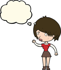 cartoon waving woman with thought bubble