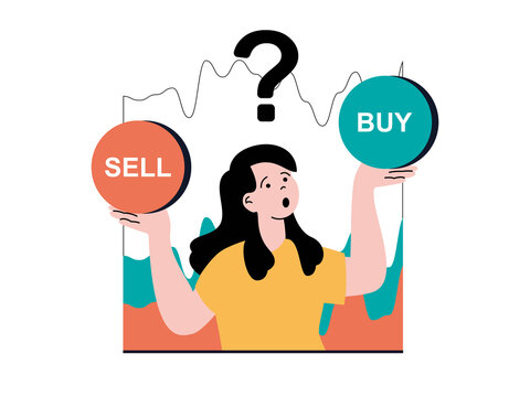Stock trading concept with character situation. Woman analyzes market data and trends, chooses to buy or sell stocks, makes decision. Illustrations with people scene in flat design for web