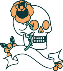 tattoo with banner of a skull and rose