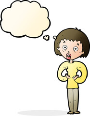 cartoon woman gesturing at self with thought bubble
