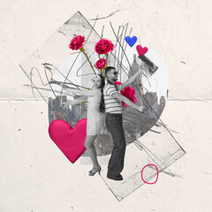 Contemporary art collage. Creative design. Young man and woman, happy lovely couple dancing together, having fun over city landscape background. Concept of family, love, relationship, support