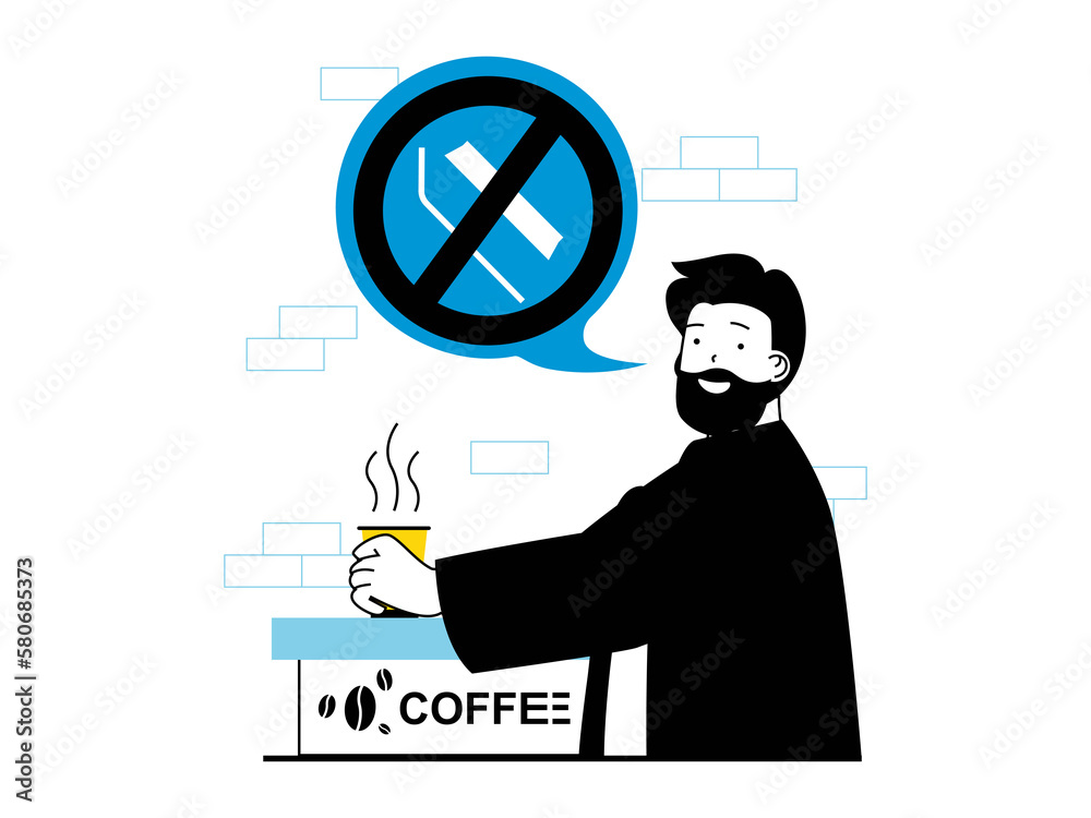 Poster zero waste concept with character situation. man drinks coffee from paper cup and refuses plastic st