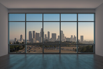 Fototapeta na wymiar Downtown Los Angeles City Skyline Buildings from High Rise Window. Beautiful Expensive Real Estate overlooking. Epmty room Interior Skyscrapers View Cityscape. Sunset. 3d rendering.