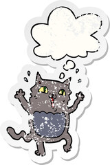 cartoon crazy excited cat and thought bubble as a distressed worn sticker