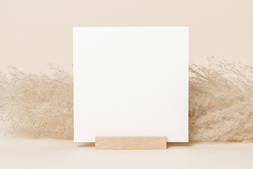 Blank paper sheet card standing with pampas grass, pastel beige background. Minimal aesthetic paper background for wedding greeting, invitation, business brand, logo, or social media