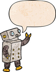 cartoon robot and speech bubble in retro texture style