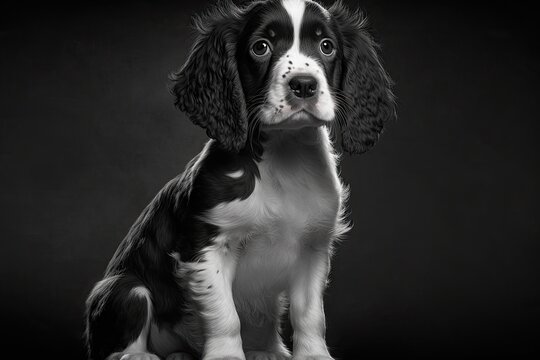 Six month old working English Springer Spaniel puppy in a black and white studio photo. Generative AI
