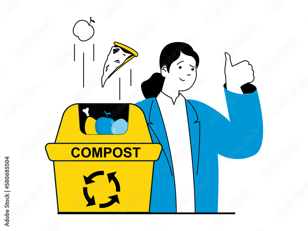 Leinwandbilder zero waste concept with character situation. woman sorts and separates garbage, using organic waste 