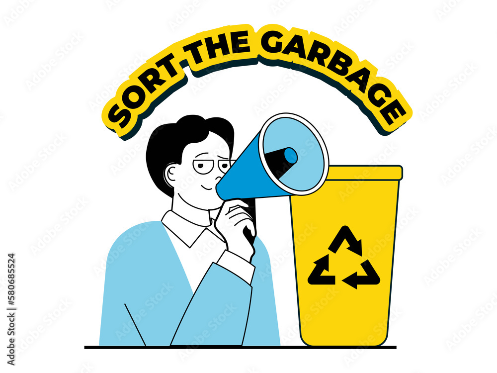 Leinwandbilder Zero waste concept with character situation. Activist with megaphone calls for sorting garbage, separating and sending it for recycling. Illustrations with people scene in flat design for web
